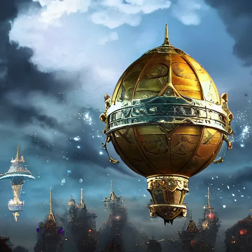 Image similar to enormous flying city in a faberge egg encircled by giant metallic petals, cloudy sky background, steampunk, fantasy art, masterpiece, unreal engine