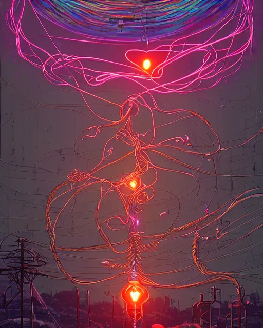 Prompt: retro cyborg heart dripping, tangled wires and electrical cables sparks, energy aura, by dan mumford, peter mohrbacher, ross tran, ismail inceoglu, sylvain sarrailh