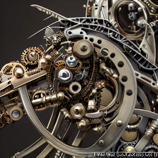 Image similar to Picture of a mechanical steampunk cicada, gears, beautiful piece of technology, ultrarealistic, 8k, photography