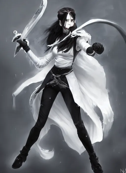 Image similar to a highly detailed illustration of fierce messy ponytail black haired one armed delinquent woman wearing white cap wearing long white coat cape, dramatic wielding sword pose, muscular, intricate, elegant, highly detailed, centered, digital painting, artstation, concept art, smooth, sharp focus, league of legends concept art, wlop.