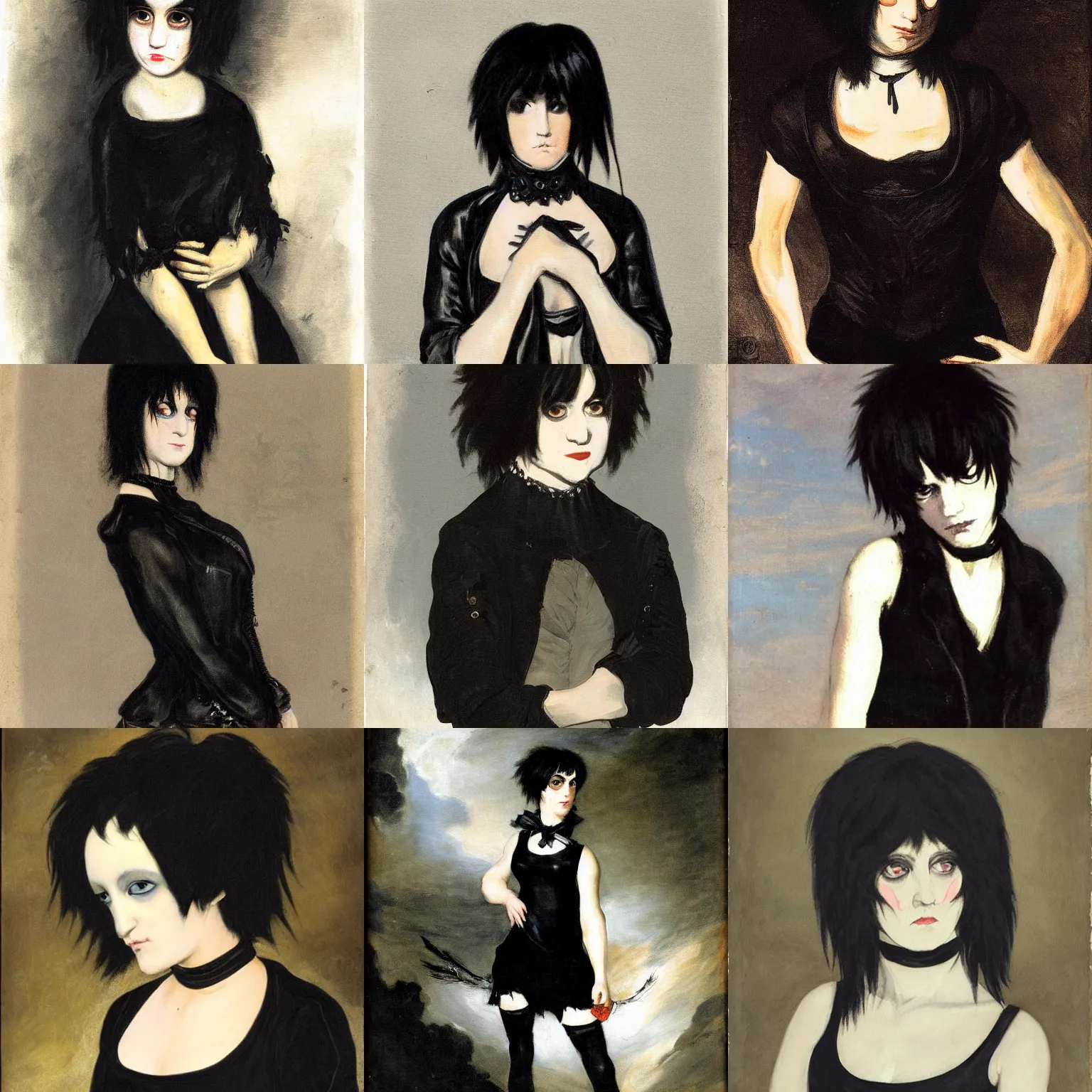 Prompt: an emo painted by francisco goya. her hair is dark brown and cut into a short, messy pixie cut. she has large entirely - black evil eyes. she is wearing a black tank top, a black leather jacket, a black knee - length skirt, a black choker, and black leather boots.