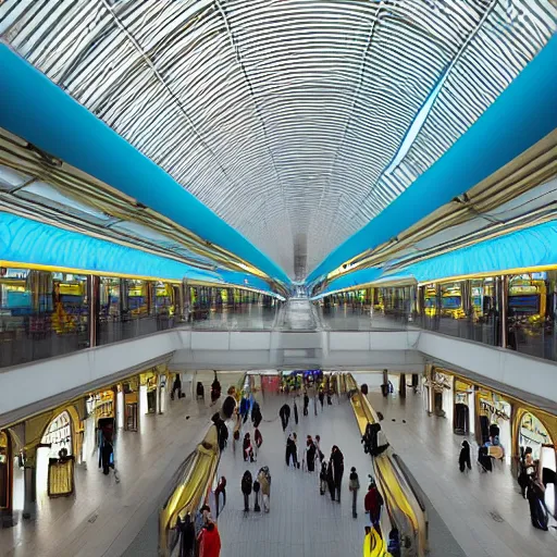 Image similar to elaborate and beautiful train station hall filled with travelers, designed by zaha hadid, bold colored walls, tall ceilings, large windows, lots of bold colors, unique architecture, sunbeams, concept art, illustration, detailed 8k