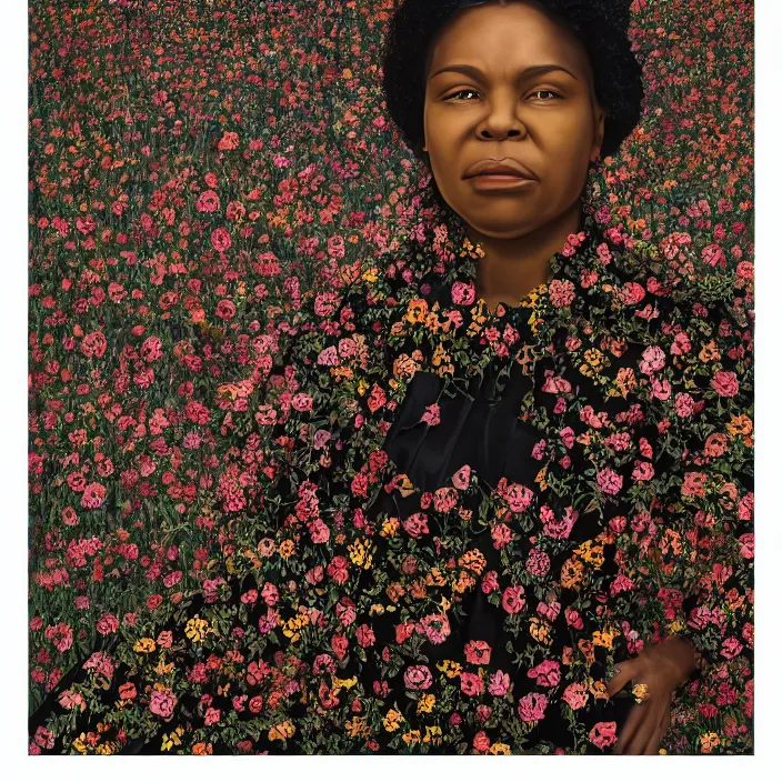 Image similar to a closeup portrait of a woman wearing a cloak made of plastic and mud, in an infinite landscape of flowers, photograph by kehinde wiley, canon eos c 3 0 0, ƒ 1. 8, 3 5 mm, 8 k, medium - format print