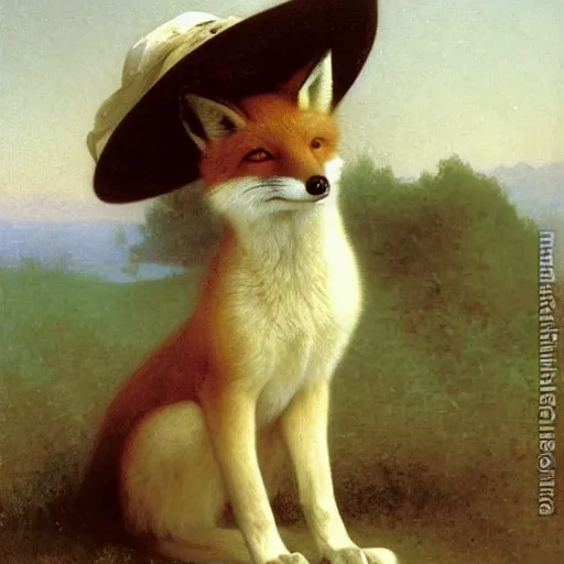 Prompt: A cute fox smiling and wearing a hat, by Robert Cleminson and William-Adolphe Bouguereau