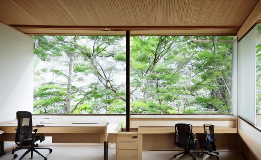 Image similar to minimalist japanese style interior of an office, pine wood, natural materials, white, plants, feng shui, bright, green, large windows to a park