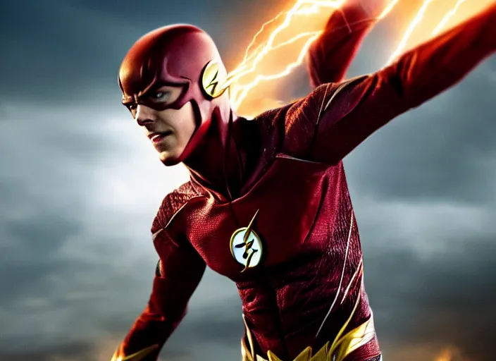 Image similar to film still of grant gustin as the flash in the new justice league movie, 4 k