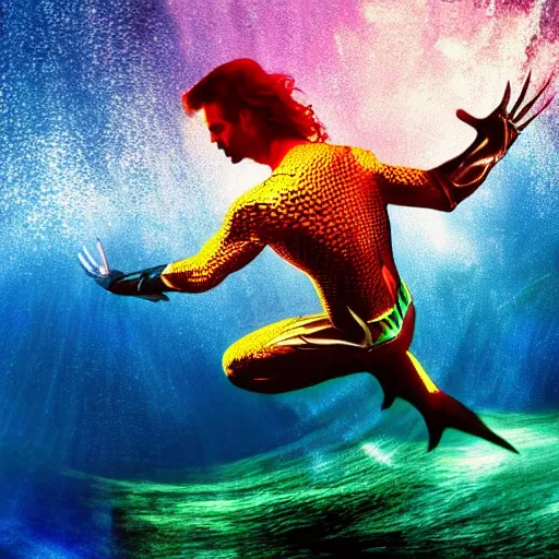 Prompt: aquaman breaking the surface of the water, underwater photography with light scattering and water refractions, smooth