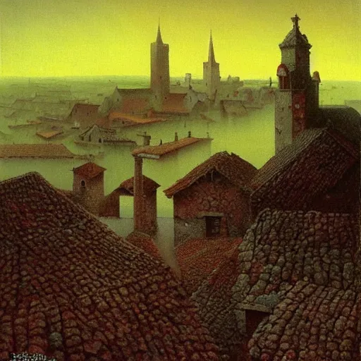 Image similar to landscape of old town made by zdzislaw beksinski