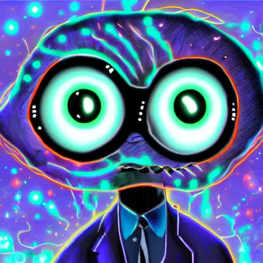 Image similar to professor with glowing eyes looks at you and grins at you, digital art