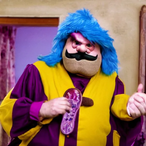 Prompt: Gérard Depardieu dressed as Wario, set photo, highly detailed, cinematic lighting, 4K