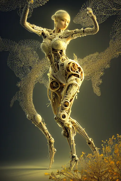 Image similar to intricate hyper detailed ultra sharp 3 d render, unity of mood, biomechanical cyborg ladies dancing, atmospheric, foliage, white large pore fungi, cyberpunk art nouveau, haute couture alexander mcqueen leaves stems colorful dahlias blooming transparent fractal filigree roots, intricate details, octane render, volumetric cinematic lighting, natural beautiful light, yellow infrared, lumiol, 8 k,