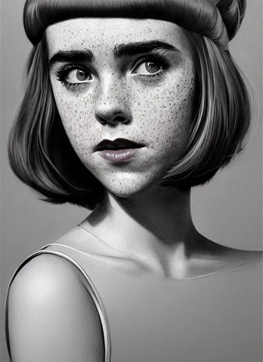 Image similar to portrait of kiernan shipka with freckles, white hair, 1 9 6 0 s bob hairstyle, hairstyle with bangs, 1 9 6 0 s bob hair with bangs and hairband, intricate, elegant, glowing lights, highly detailed, digital painting, artstation, concept art, smooth, sharp focus, illustration, art by wlop, mars ravelo and greg rutkowski