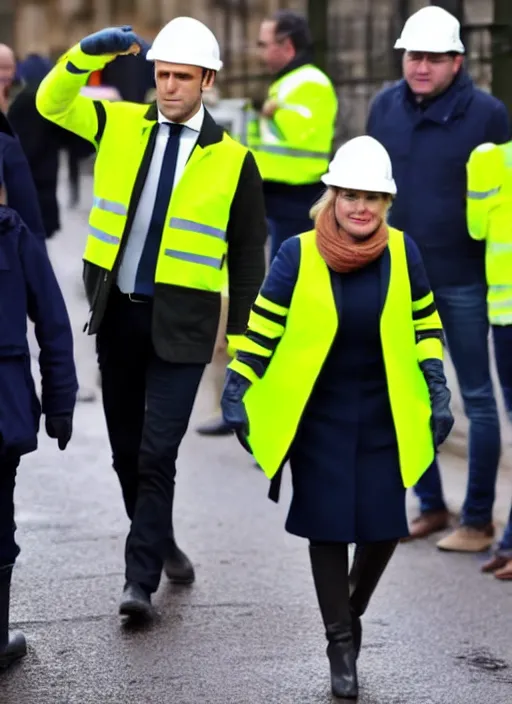 Image similar to macron wearing hivis coat, hard hat and rubber gloves