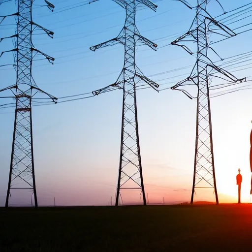 Image similar to man standing in front of electricity pylons at sunset, low angle