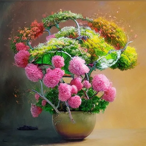 Image similar to This painting is a large canvas, covered in a wash of color. In the center is a cluster of flowers, their petals curling and twisting in on themselves. The effect is ethereal and dreamlike, and the overall effect is one of serenity and peace. kokedama by Nikolina Petolas, by Krenz Cushart, by Syd Mead wondrous