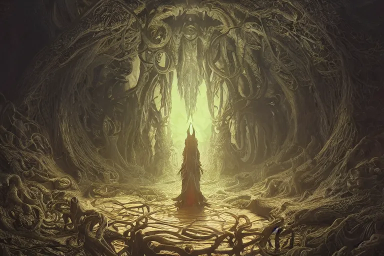 Prompt: a lovecraftian painting of a demonic shrine, occult, demon summoning, hell gate, cosmic horror elements, ultra realistic, concept art, intricate details, eerie, highly detailed, photorealistic, octane render, 8 k, unreal engine. art by artgerm and greg rutkowski and alphonse mucha