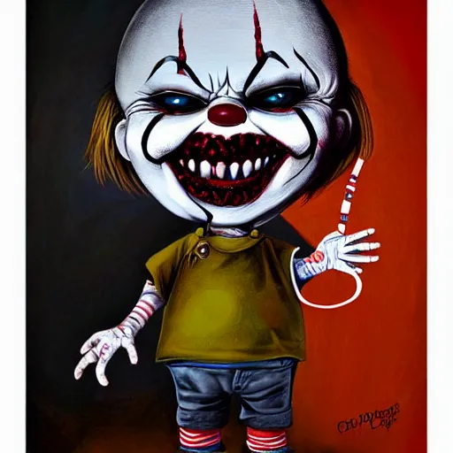 Image similar to grunge cartoon painting of chucky with a wide smile and a red balloon by chris leib, loony toons style, pennywise style, horror theme, detailed, elegant, intricate