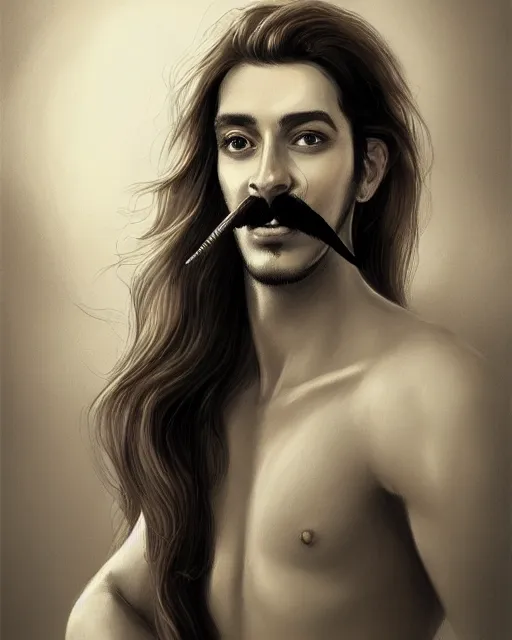 Prompt: a drawing of a man with long hair and a salvador dali mustache, an ultrafine detailed painting by Charlie Bowater, trending on Artstation, digital art, speedpainting, digital painting, artstation hq