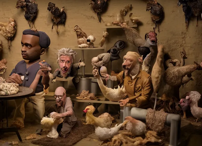 Prompt: detailed studio photography of a claymation diorama of kanye west hosting a party for chicken, zeiss lens, detailed, by erwin olaf, joop geesink, wes anderson, jim henson, brian froud, breathtaking, 8 k resolution, beautiful lighting, studio light, extremely detailed, establishing shot, realistic materials, hyperrealistic