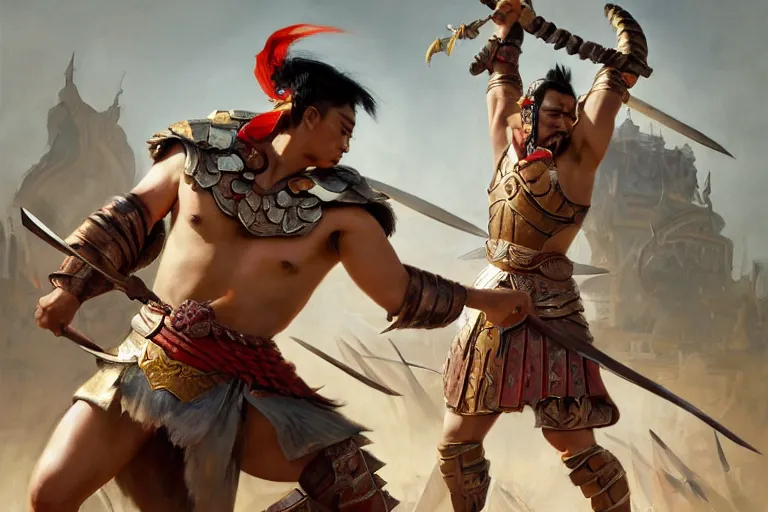 Prompt: a filipino gladiator charging with a sword in an arena, organic painting, sunny day, matte painting, bold shapes, hard edges, street art, trending on artstation, by huang guangjian, gil elvgren, ruan jia, randy vargas, greg rutkowski