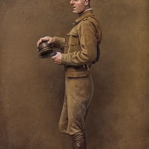 Prompt: a detailed photorealistic sepia - toned color portrait painting of a 1 9 1 7 worried clean - shaven british lieutenant in field gear in north arabia examining an ancient clay cylinder ultra realistic, intricate details, atmospheric, dark, horror, brooding, highly detailed, by clyde caldwell