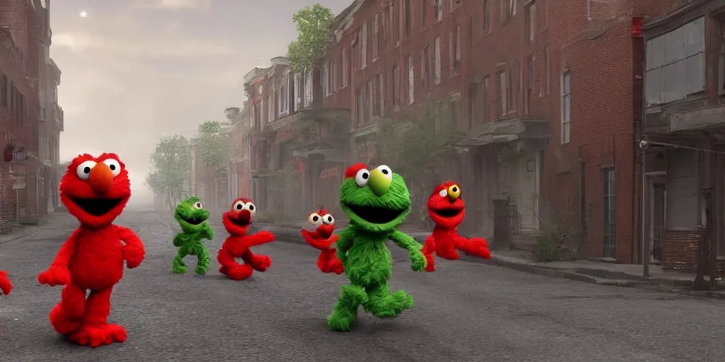 Image similar to realistic scene of elmo street in war, ultra realistic, 8 k