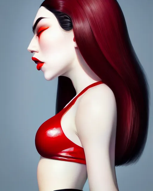 Prompt: side view of pale skin beauty in mini skirt and crop top, black hair, red lips, paint by ilya kuvshinov and ross tran and karol bak and stanley lau and anna dittmann and artgerm and xiaoguang sun and tian zi