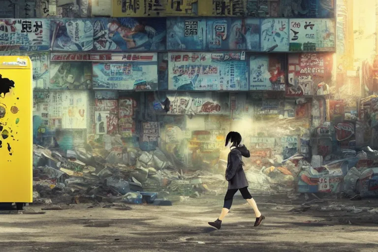 Image similar to incredible wide screenshot, ultrawide, simple watercolor, rough paper texture, ghost in the shell movie scene, backlit distant shot of girl in a parka running from a giant robot invasion side view, yellow parasol in deserted dusty shinjuku junk town, broken vending machines, bold graphic graffiti, old pawn shop, bright sun bleached ground, mud, fog, dust, windy, scary robot monster lurks in the background, ghost mask, teeth, animatronic, black smoke, pale beige sky, junk tv, texture, brown mud, dust, tangled overhead wires, telephone pole, dusty, dry, pencil marks, genius party, shinjuku, koji morimoto, katsuya terada, masamune shirow, tatsuyuki tanaka hd, 4k, remaster, dynamic camera angle, deep 3 point perspective, fish eye, dynamic scene