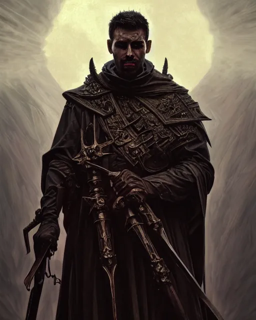 Prompt: realistic wide angle portrait of a handsome bishop, dark, dark magic, heroic pose, beautiful face, full body, dramatic lighting, dark and horror, dust and blood, intricate, wild, highly detailed, digital painting, artstation, concept art, smooth, sharp focus, illustration, art by artgerm and greg rutkowski and alphonse mucha, footage from space camera