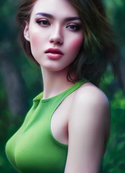 Prompt: photo of a gorgeous female in the style of stefan kostic, realistic, professionally, professionally color graded, half body shot, sharp focus, 8 k high definition, insanely detailed, intricate, elegant, art by stanley lau and artgerm, blurred forest in background