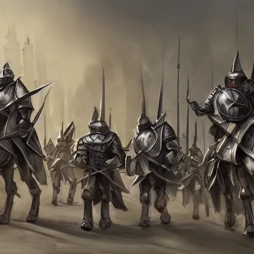 Prompt: Concept art of a group of knights marching through a town, hyper realistic art style, outstanding visuals, wide shot, foggy, fantasy inspired, extreme detail, award winning