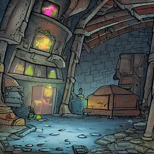 Prompt: A detailed sewer lair background made by Walt peregoy,soft,light,bright,epic,awesome, where people would live with rooms and etc -6