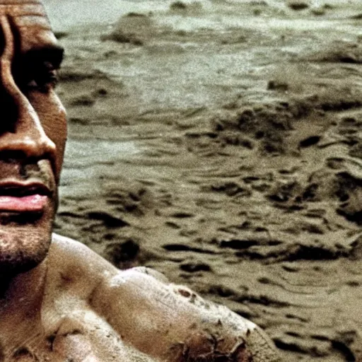 Image similar to film still, close up, dwayne johnson rising out of muddy vietnam river, face covered in mud, low camera angle at water level, night time, film still from apocalypse now ( 1 9 7 9 ), 2 6 mm