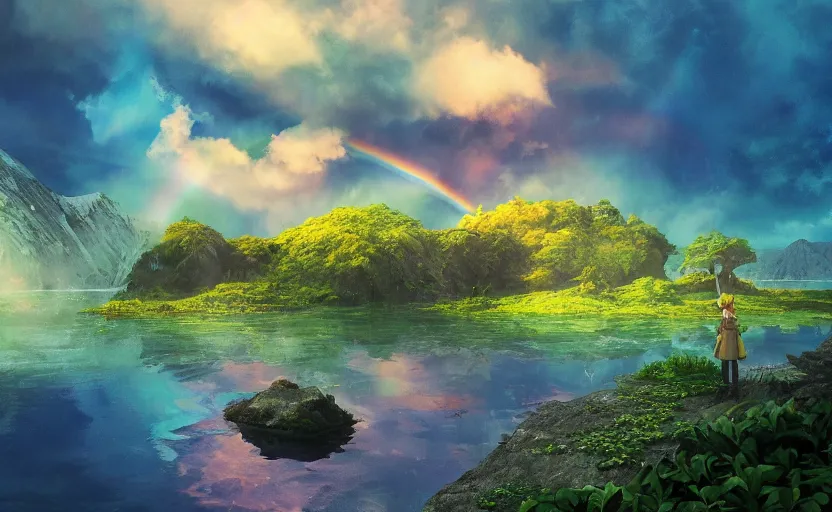 Image similar to a beautiful art of lake in foregraund and rainbow colored sky on background by Miyazaki Nausicaa Ghibli, 8K, hyper detailed, 20K, realistic, product lighting, by onesal, by sixnfive , behance 3d , studio photography DSLR, Photoreal epic composition