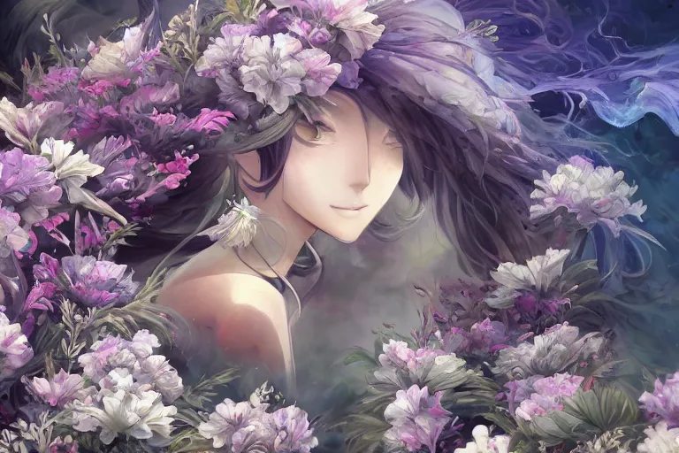 Image similar to dynamic composition, motion, ultra - detailed, incredibly detailed, a lot of details, amazing fine details and brush strokes, colorful and grayish palette, smooth, hd semirealistic anime cg concept art digital painting, watercolor oil painting of sea of flowers, in style of cytus and deemo, blue flame, relaxing, calm and mysterious vibes