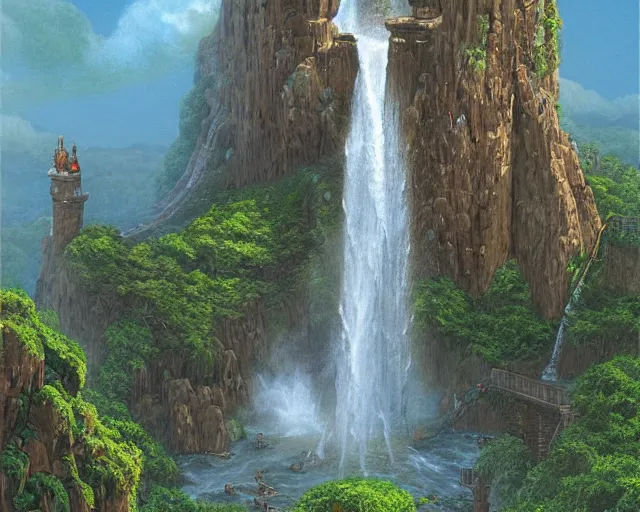 Prompt: Wide waterfall with a tower on top. Tower surrounded by an external spiral staircase. Distant bird's eye view showing the entire structure. Detailed gorgeous art, trending on ArtStation by Ted Nasmith.