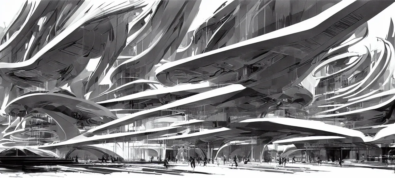 Image similar to ominous headquarters of an evil corporation, by zaha hadid, concept art by syd mead