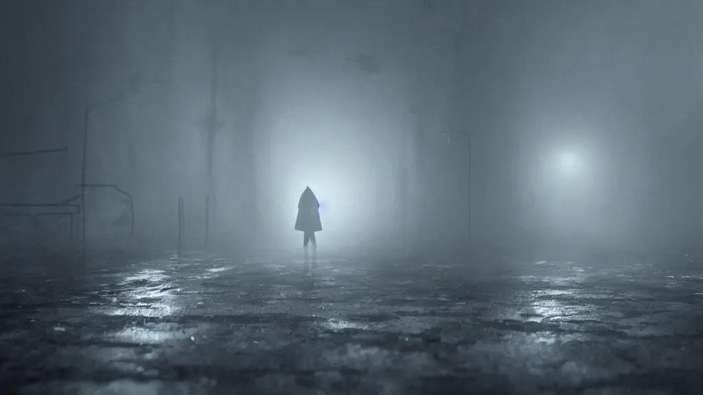 Prompt: Animated film still, medium distance, a cloaked figure with glowing white eyes wandering through an abandoned train station in an alien city at night, melancholic atmosphere, light rain, dramatic depth of field, cinematic lighting, volumetric fog, hyperdetailed 3D matte painting, 8k ultraHD octane render, award-winning animated short film inspired by Studio Ghibli