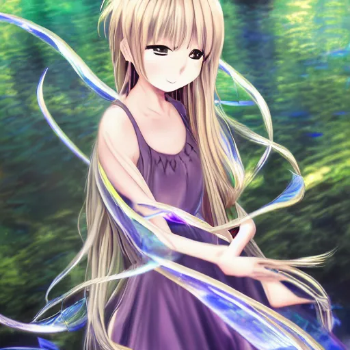 Image similar to advanced digital anime art, Sakimichan , a gorgeous high school girl with long gold and silver hair wearing a violet dress and bare feet walking through a crystal clear river, DOF, Gaussian Blur,