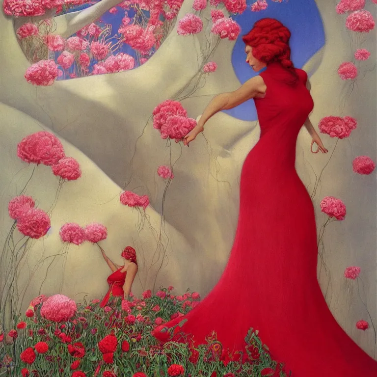 Image similar to Standing woman in a Red dress, with white hair on a golden background, with pink flowers photorealism Edward Robert Hughes,Stanisław Szukalski and Roger Dean