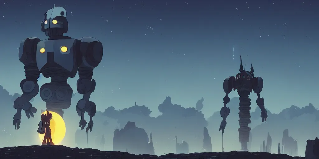 Image similar to Iron Giant, Very Cloudy Sky, Sun, Neon Lights, Subject in Middle, Rule of Thirds, 4K, Retrofuturism, Castlevania, Fantasy, hollow knight, Studio Ghibli, Simon Stålenhag