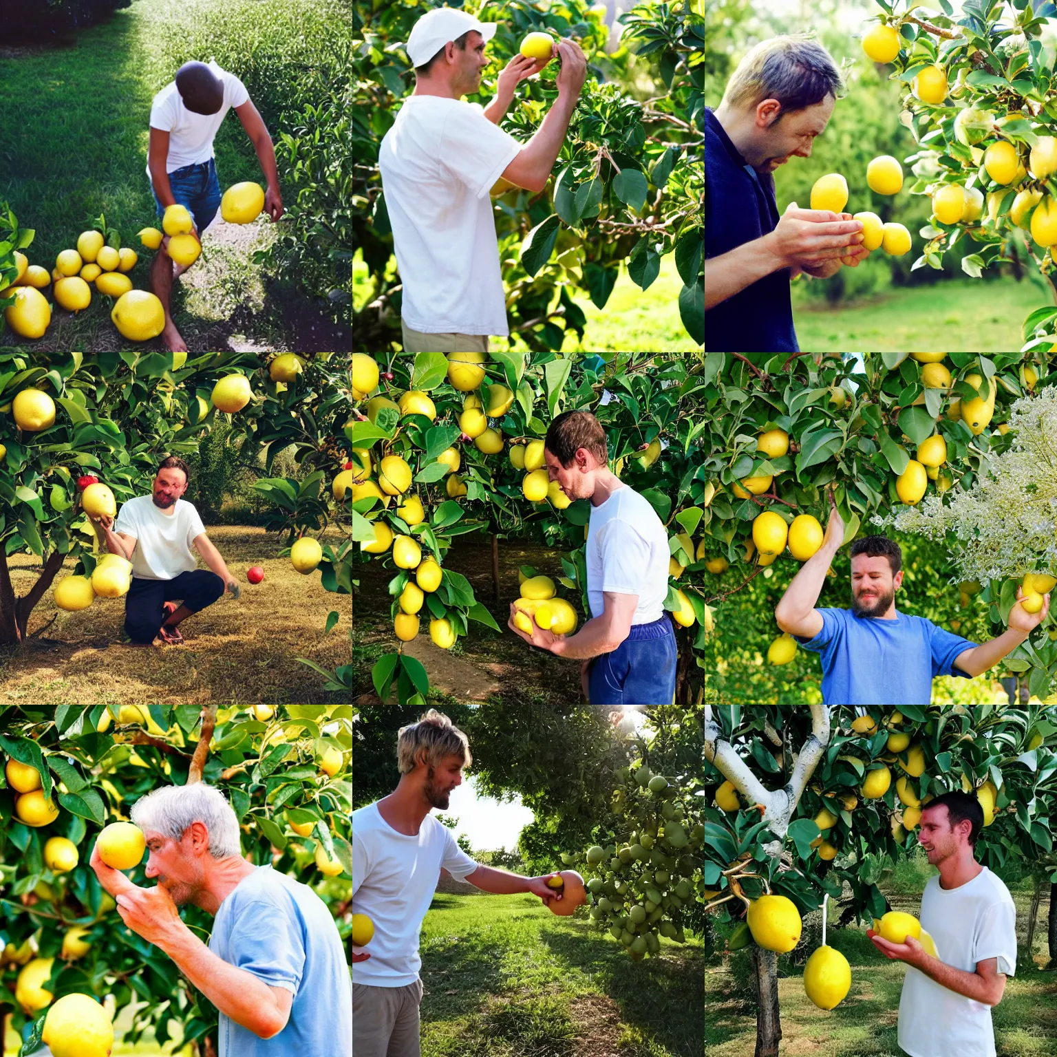 Prompt: man in white tshirt stealing lemons from a lemon tree, surrounded by foilage and grass, sunlit, 90s, mobile phone camera