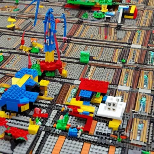 Image similar to a cat destroying a lego city