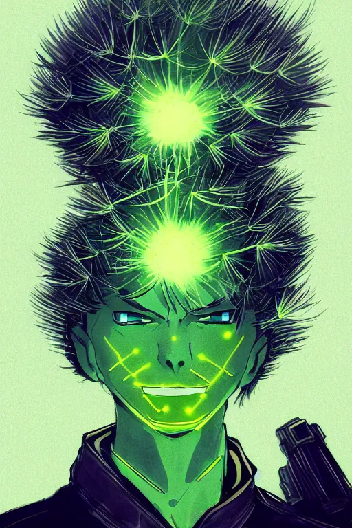 Prompt: nuke cloud dandelion male anime character, symmetrical, highly detailed, digital art, sharp focus, trending on art station, green eyes, glowing radioactive colours