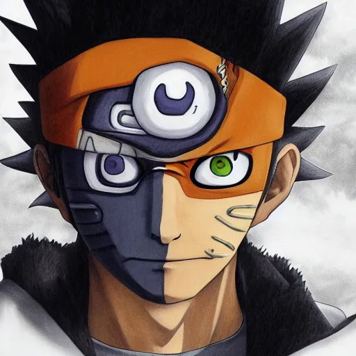 Image similar to ultra realistic portrait painting of a fusion of obito and naruto, art by masashi kishimoto, 4 k, naruto artstyle, cel shaded, highly detailed, epic lighting, full body