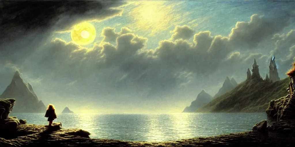 Prompt: a hobbit out at a lord of the rings scenery landscape, staring across the sea from the shore at a white timber sail boat leaving harbour, evening, highly detailed, vivid colour, soft clouds, full moon low in sky, cinematic lighting, perfect composition, gustave dore, derek zabrocki, greg rutkowski, belsinski