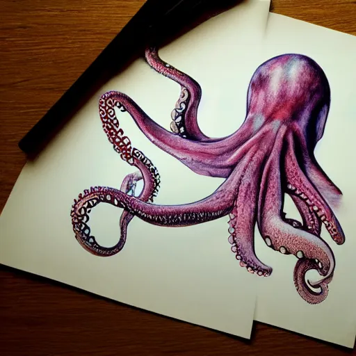 Prompt: photorealistic octopus drawing a female model