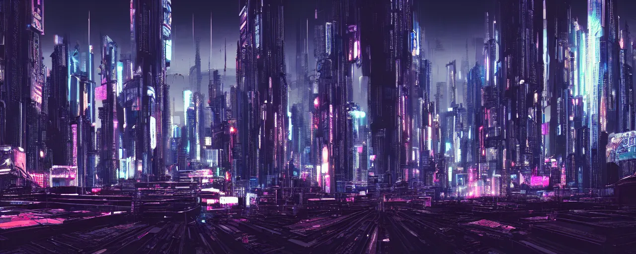 Prompt: A cyberpunk cityscape, by Tokujin Yoshioka, landscape, dramatic lighting, high contrast colors, panoramic view, as trending on Artstation, highly detailed,