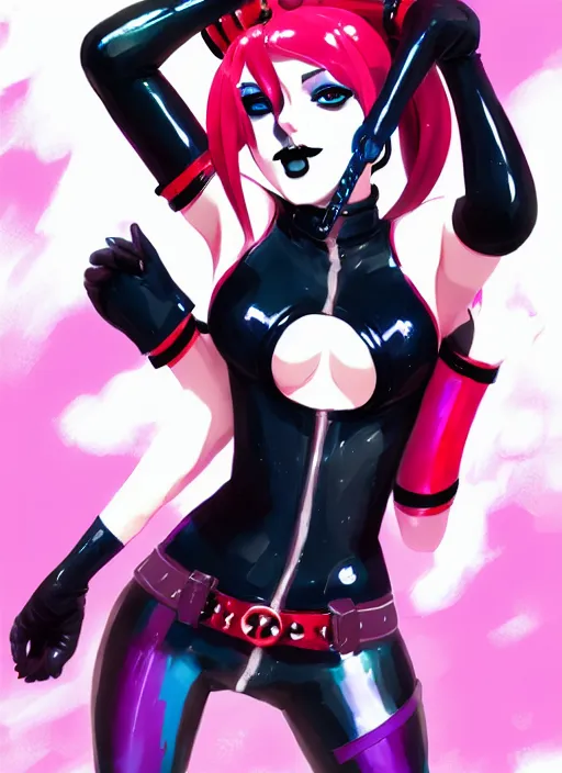 Image similar to portrait of cute goth harley quinn in latex clothes, illustration concept art anime key visual trending pixiv fanbox by wlop and greg rutkowski and makoto shinkai and studio ghibli