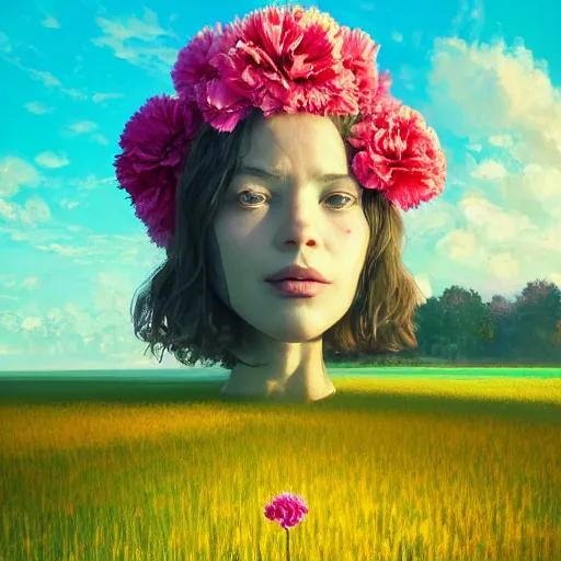 Image similar to giant carnation flower face, girl in a flower field, surreal photography, sunrise dramatic light, impressionist painting, colorful clouds, digital painting, artstation, simon stalenhag, flower face